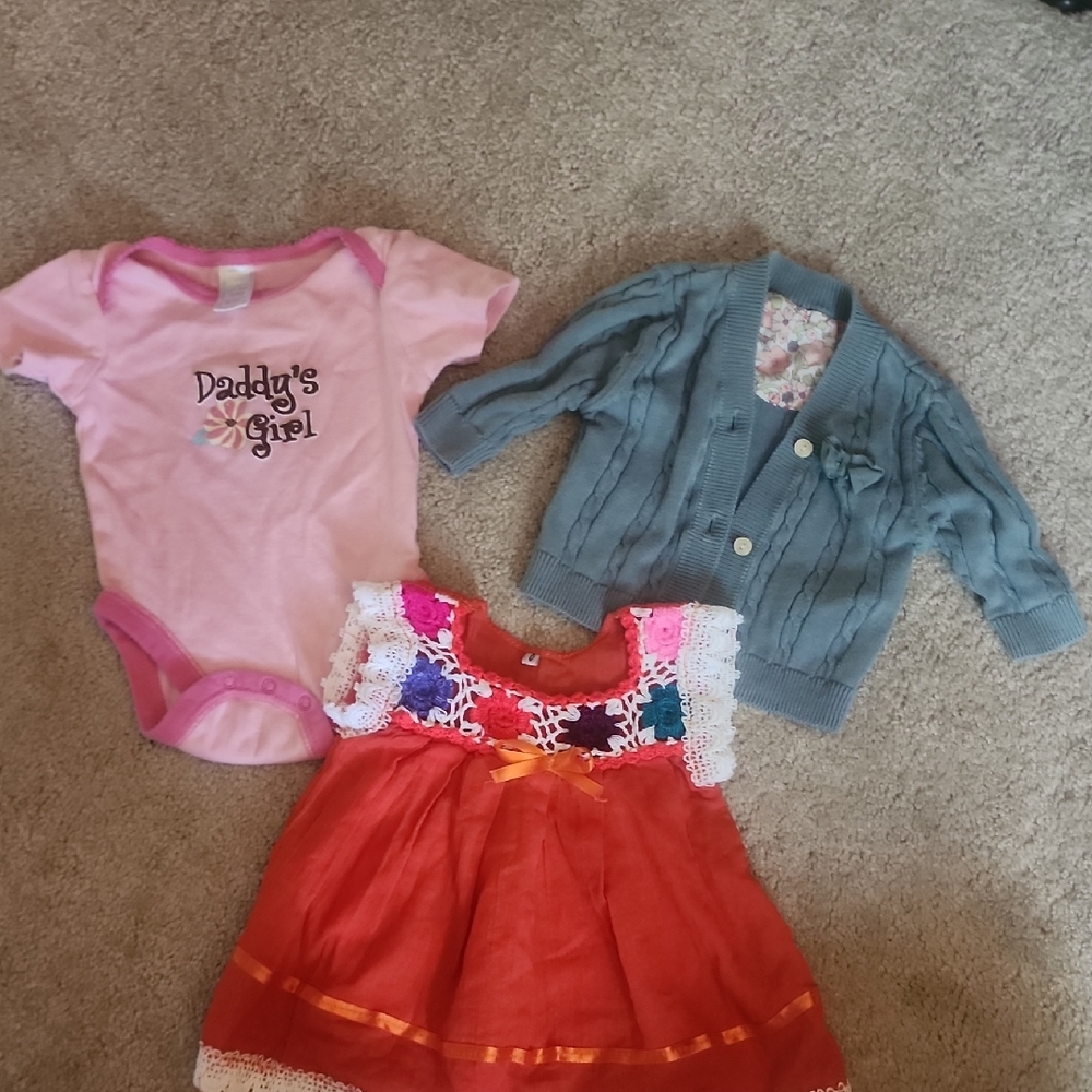 Pink Onesie, Blue Cardigan, and Red Dress Set